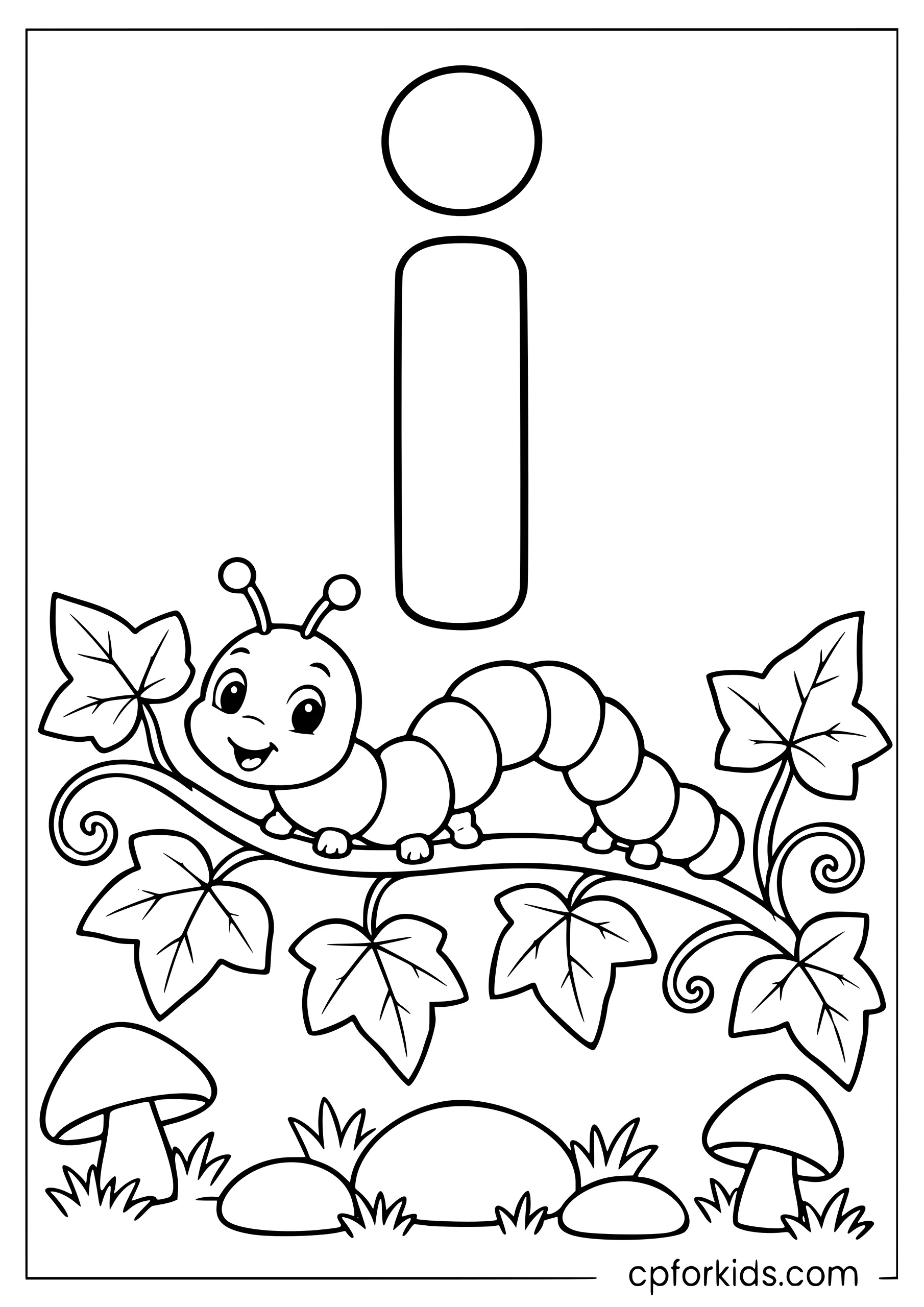 Lowercase i above an inchworm crawling along ivy