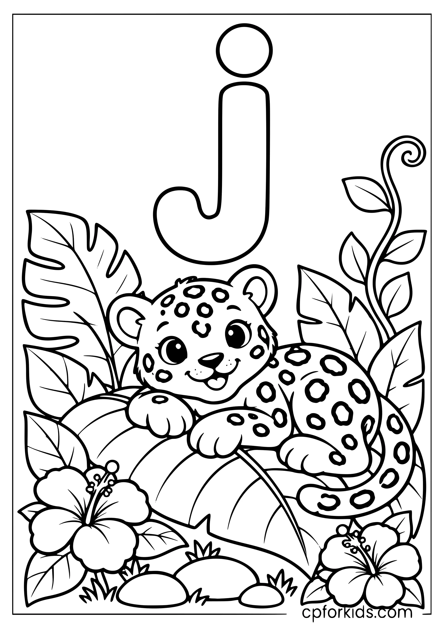 Lowercase j above a jaguar cub on a leaf