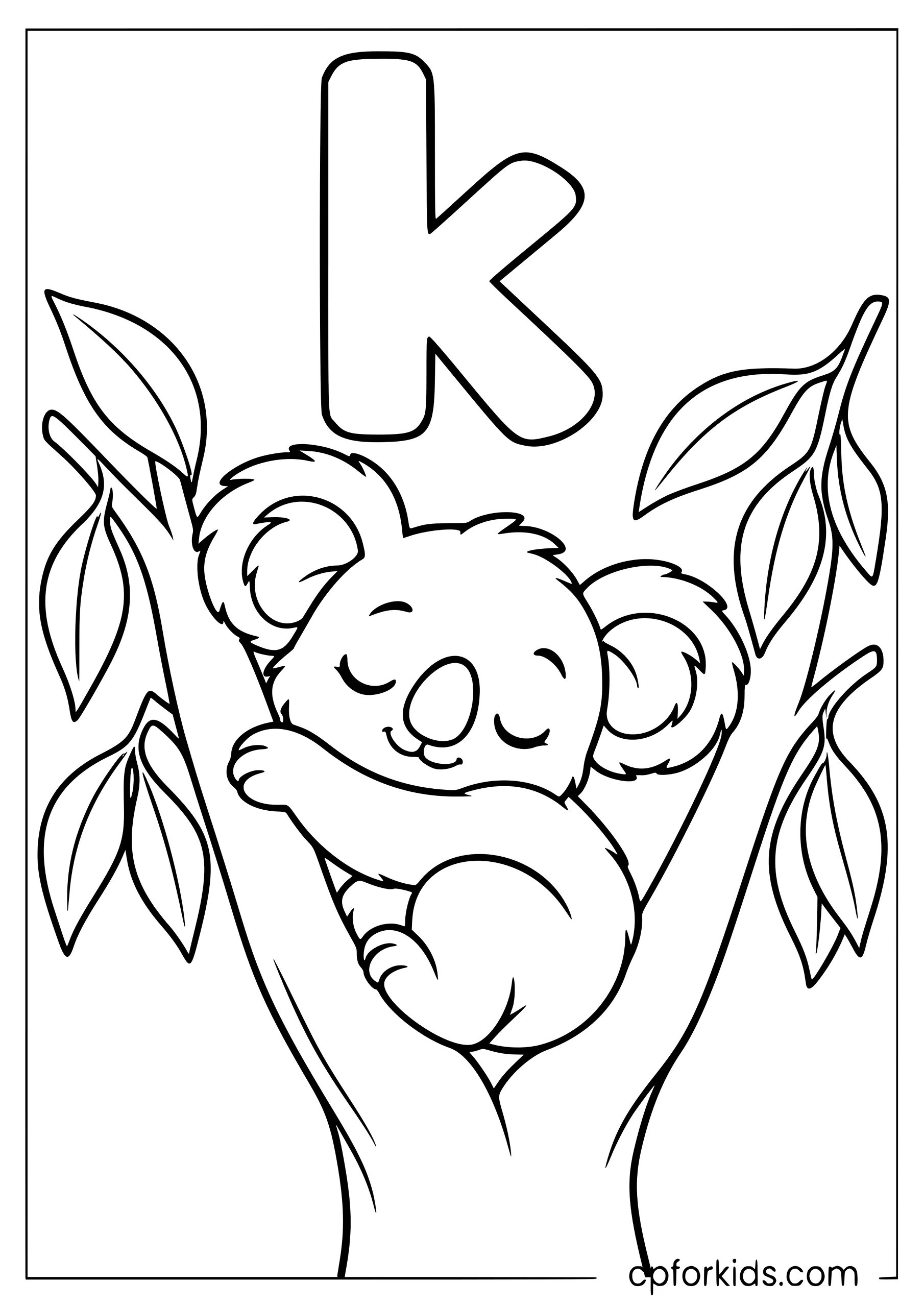 Lowercase k above sleeping koala in tree fork