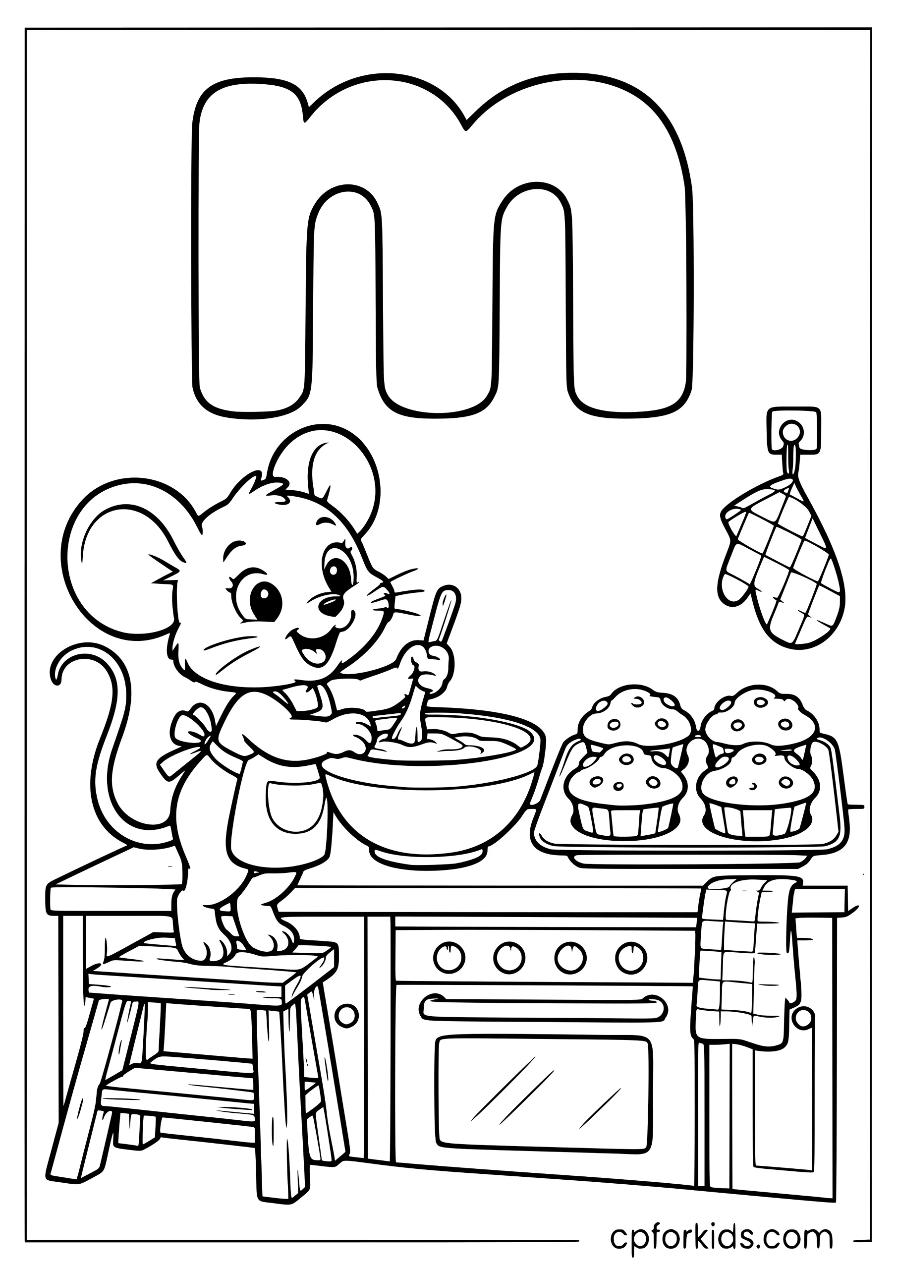 Lowercase m above mouse baking four muffins