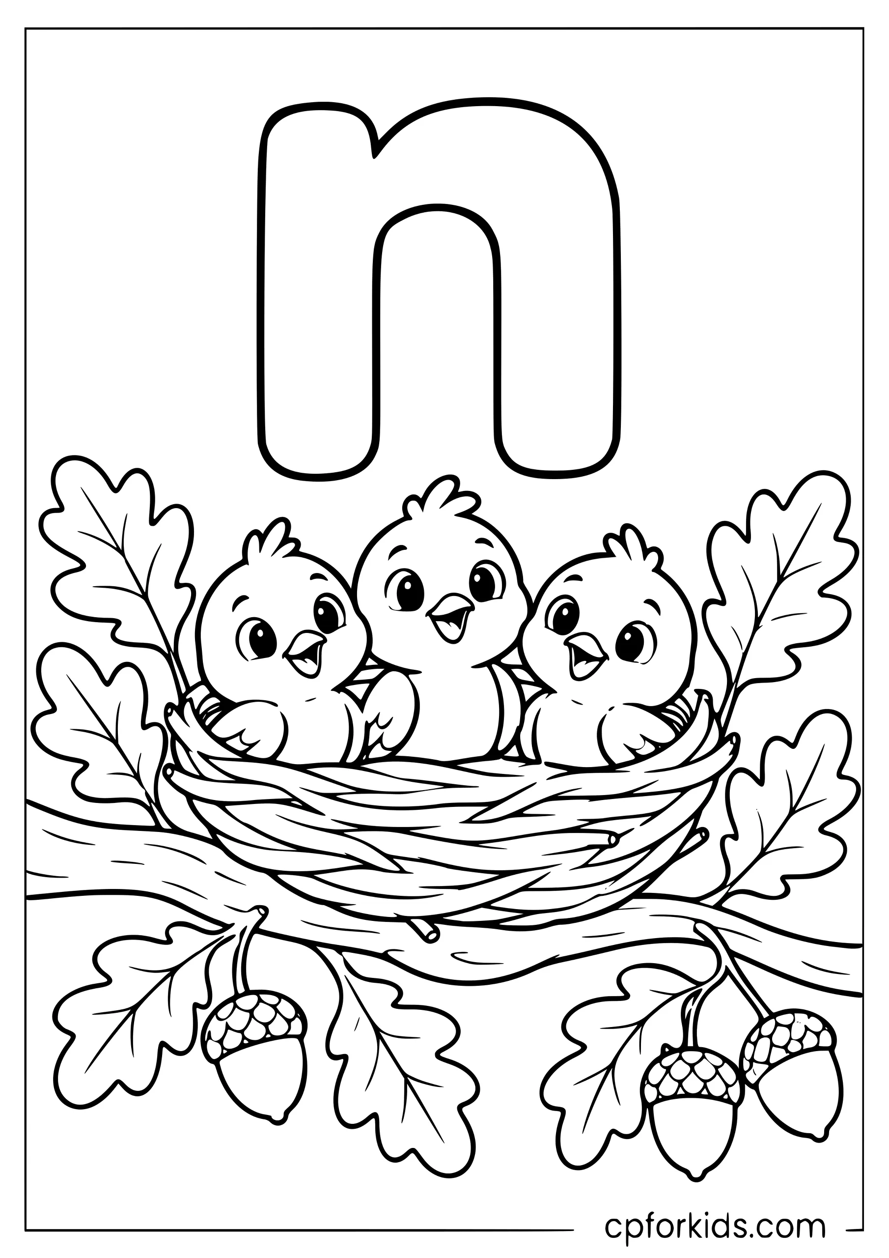 Lowercase n above three nestlings on leafy branch