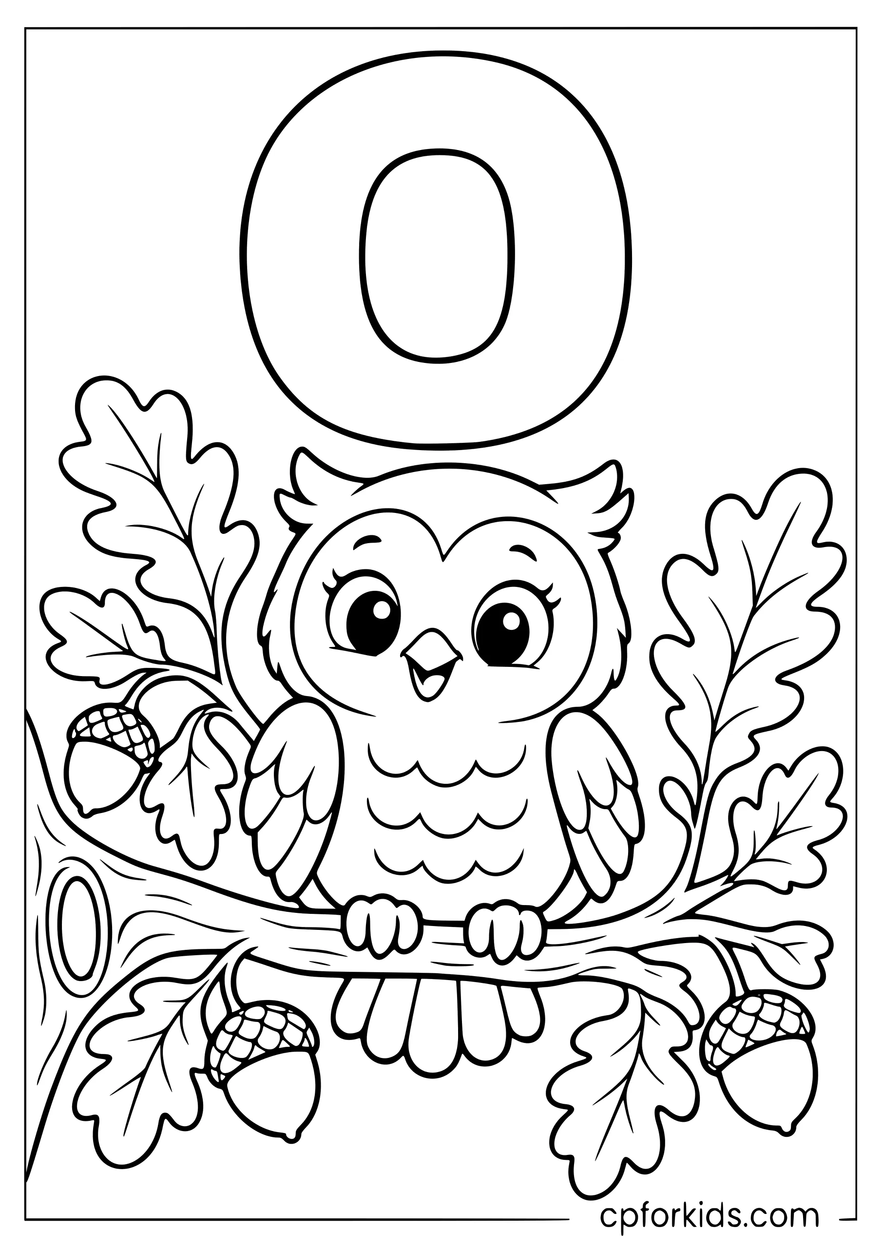 Lowercase o above owl perched among oak leaves