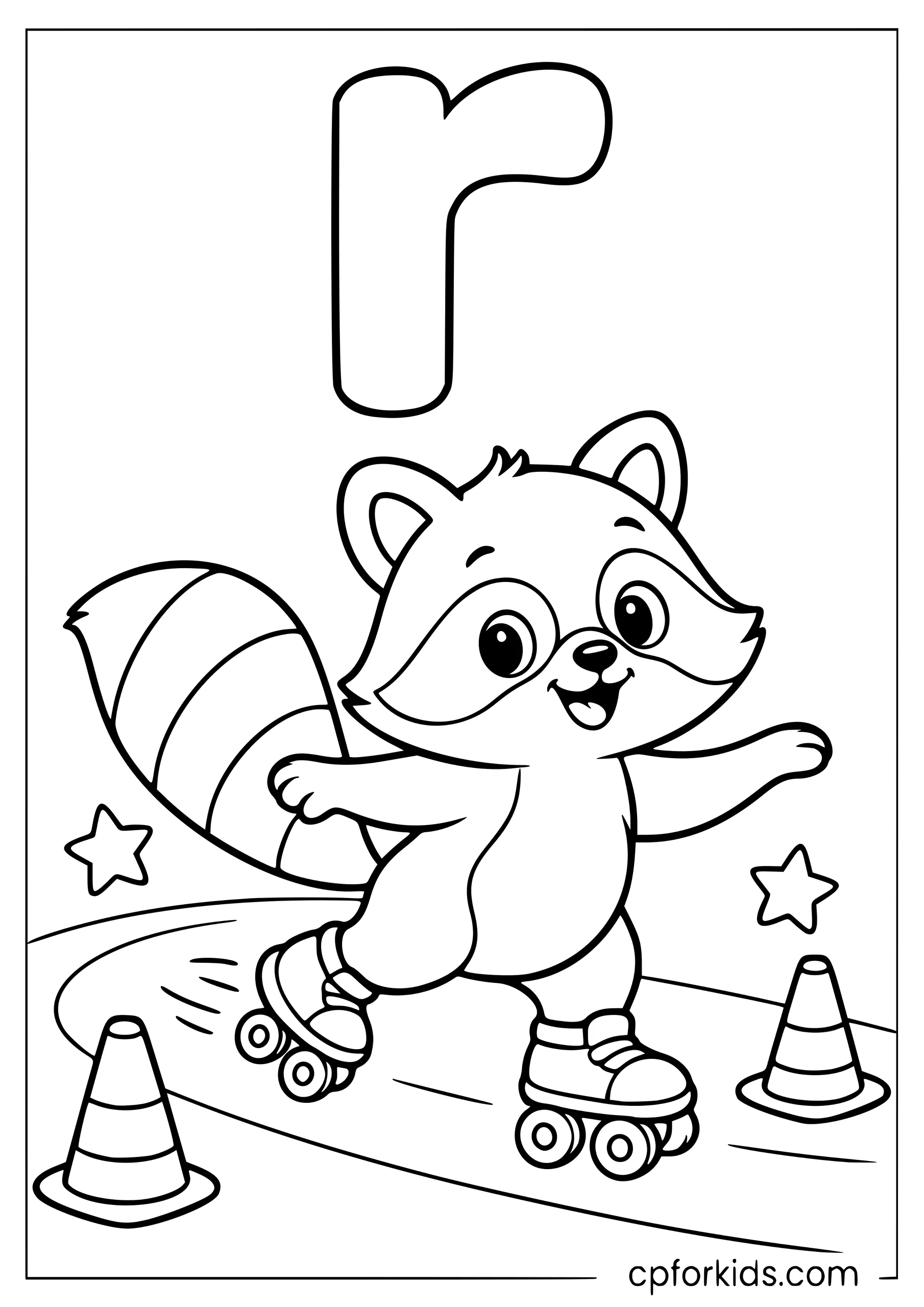 Lowercase r above raccoon riding roller skates