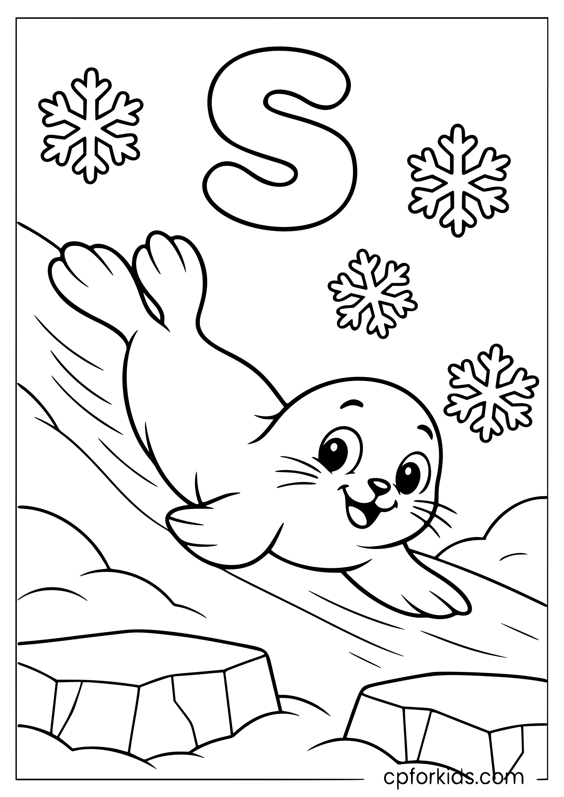 Lowercase s above seal sliding down icy slope