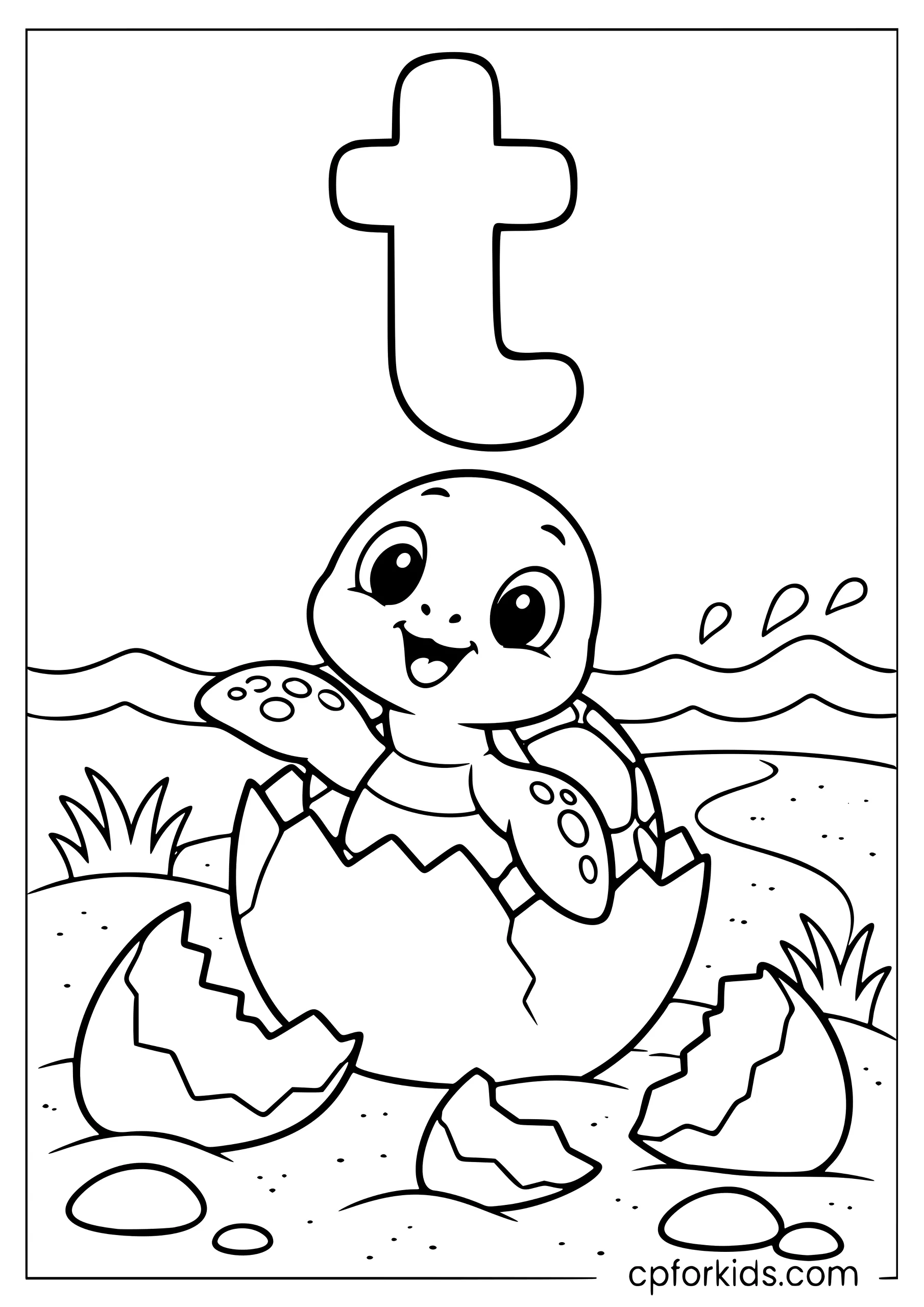Lowercase t above baby turtle hatching from egg