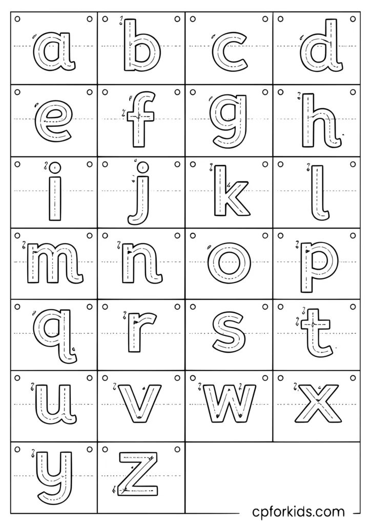 Lowercase letter tracing coloring page with all 26 small letters to trace
