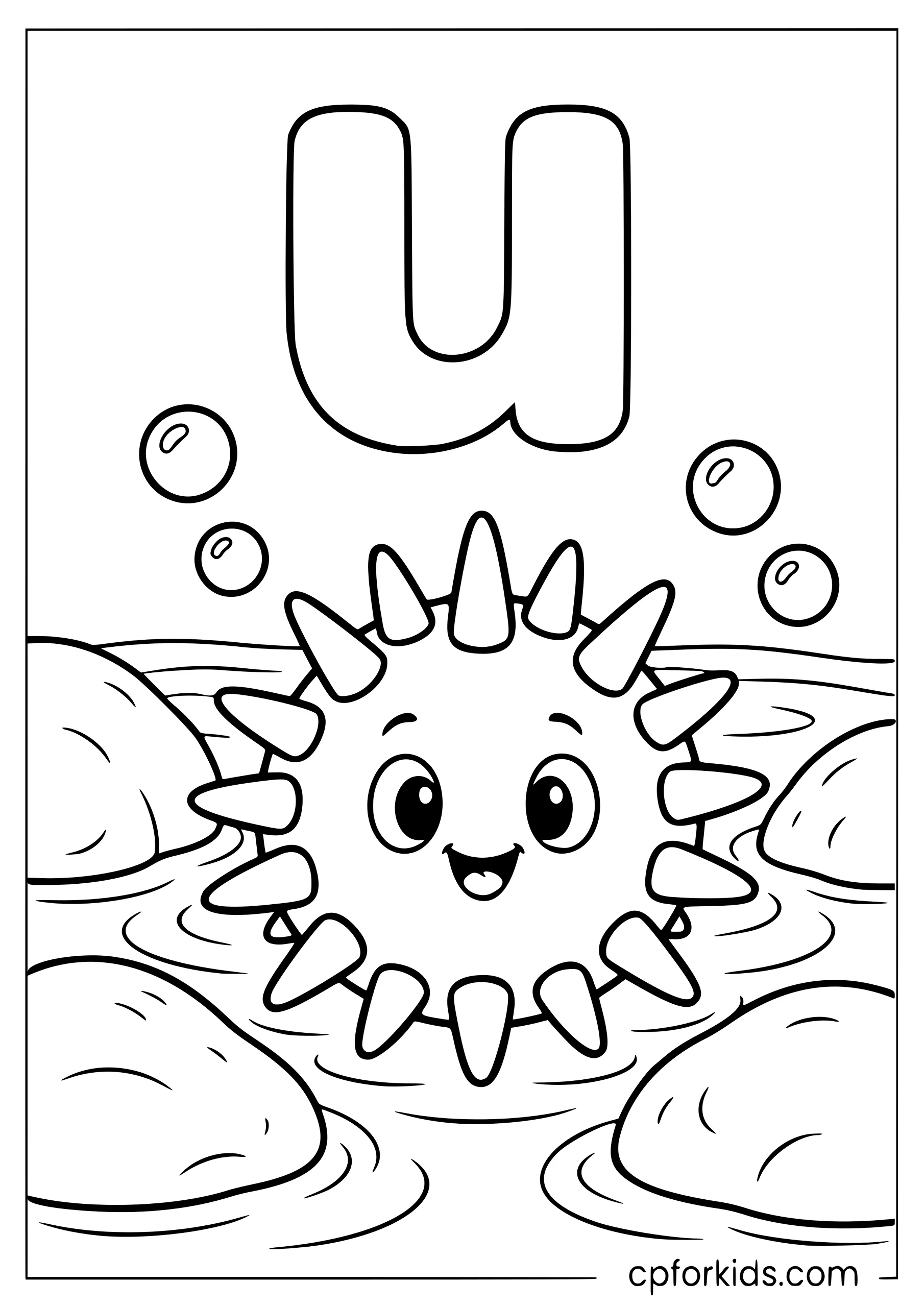 Lowercase u above sea urchin between tide-pool rocks