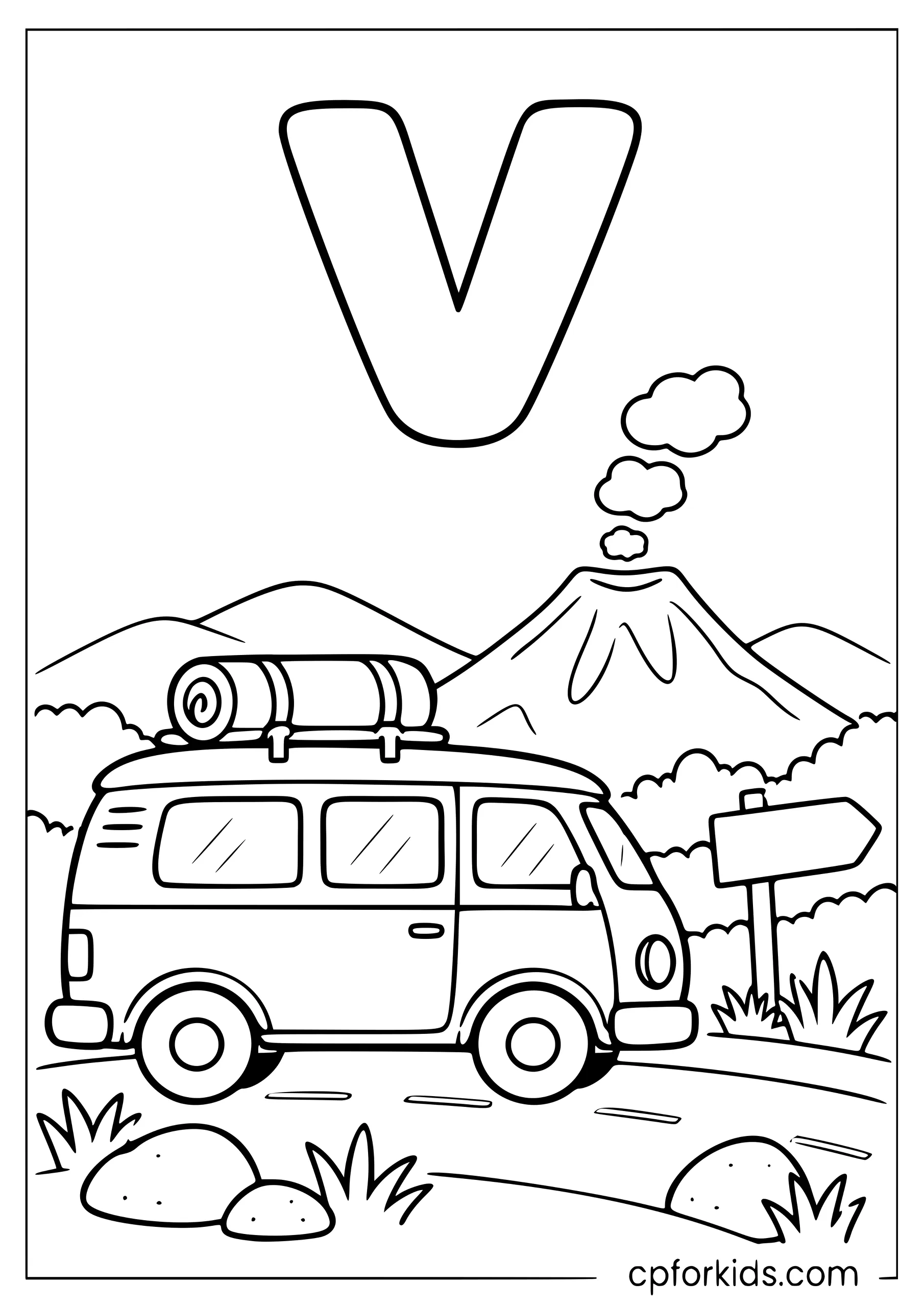 Lowercase v above van parked near a volcano