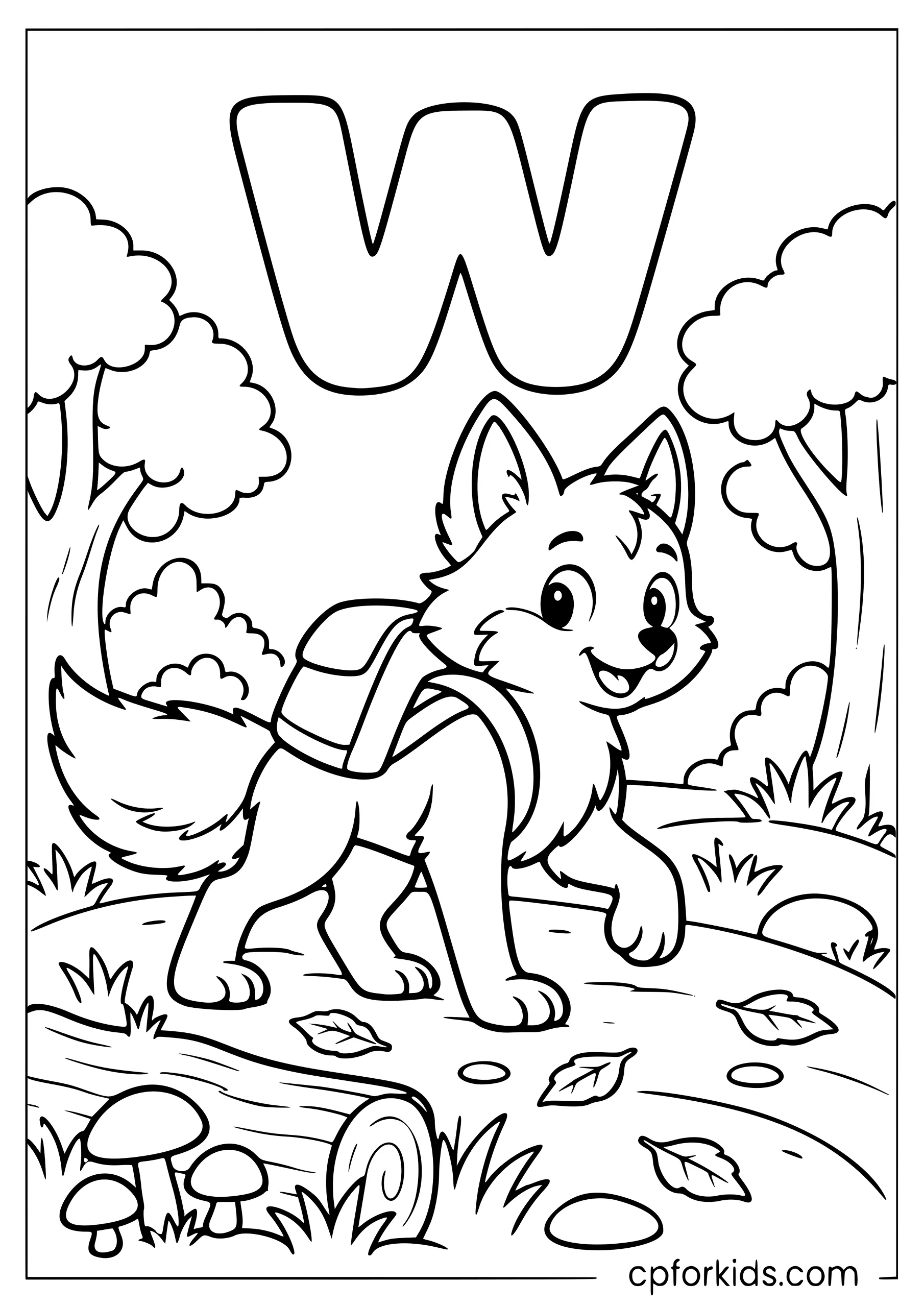 Lowercase w above wolf walking along woodland trail