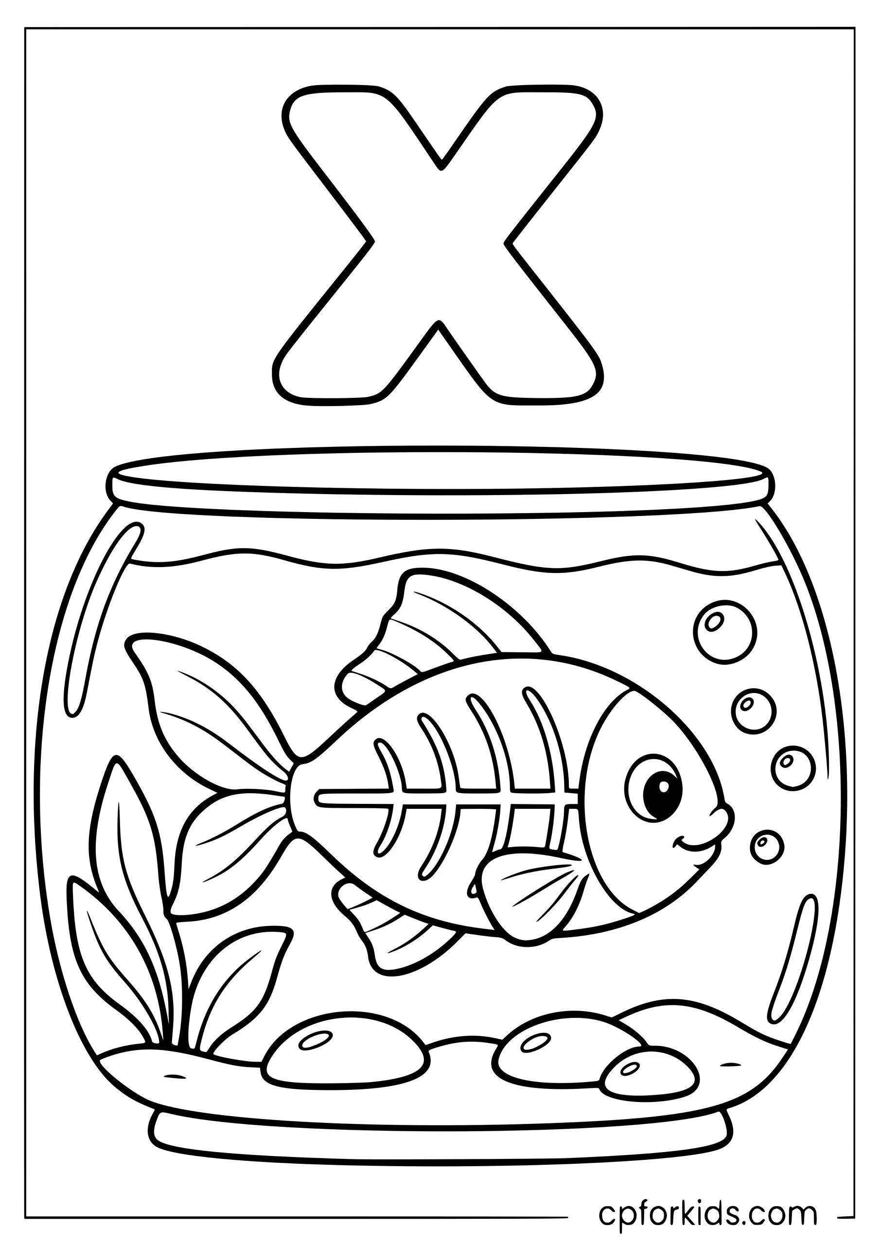 Lowercase x above X-ray fish swimming in aquarium