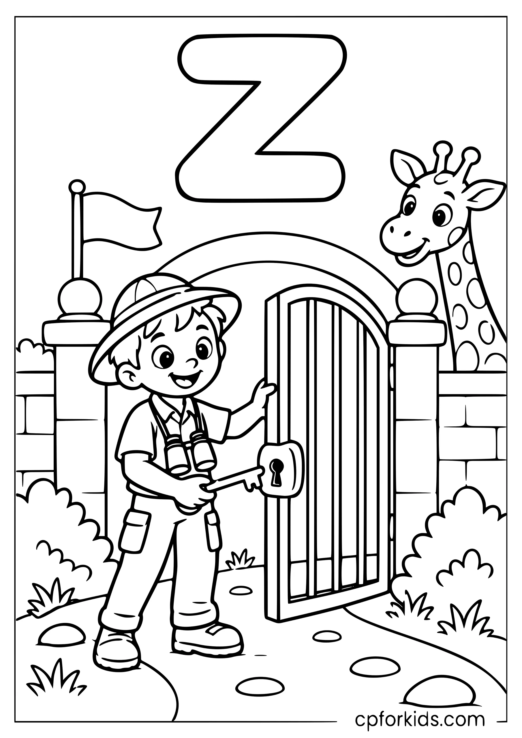Lowercase z above zookeeper opening rounded zoo gate