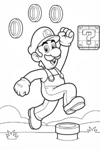 Luigi jumping high with coins and blocks