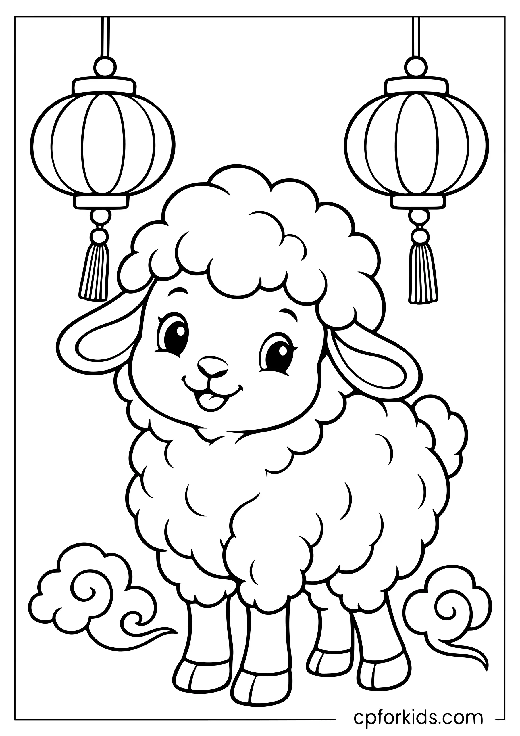Friendly sheep beneath two Lunar New Year lanterns
