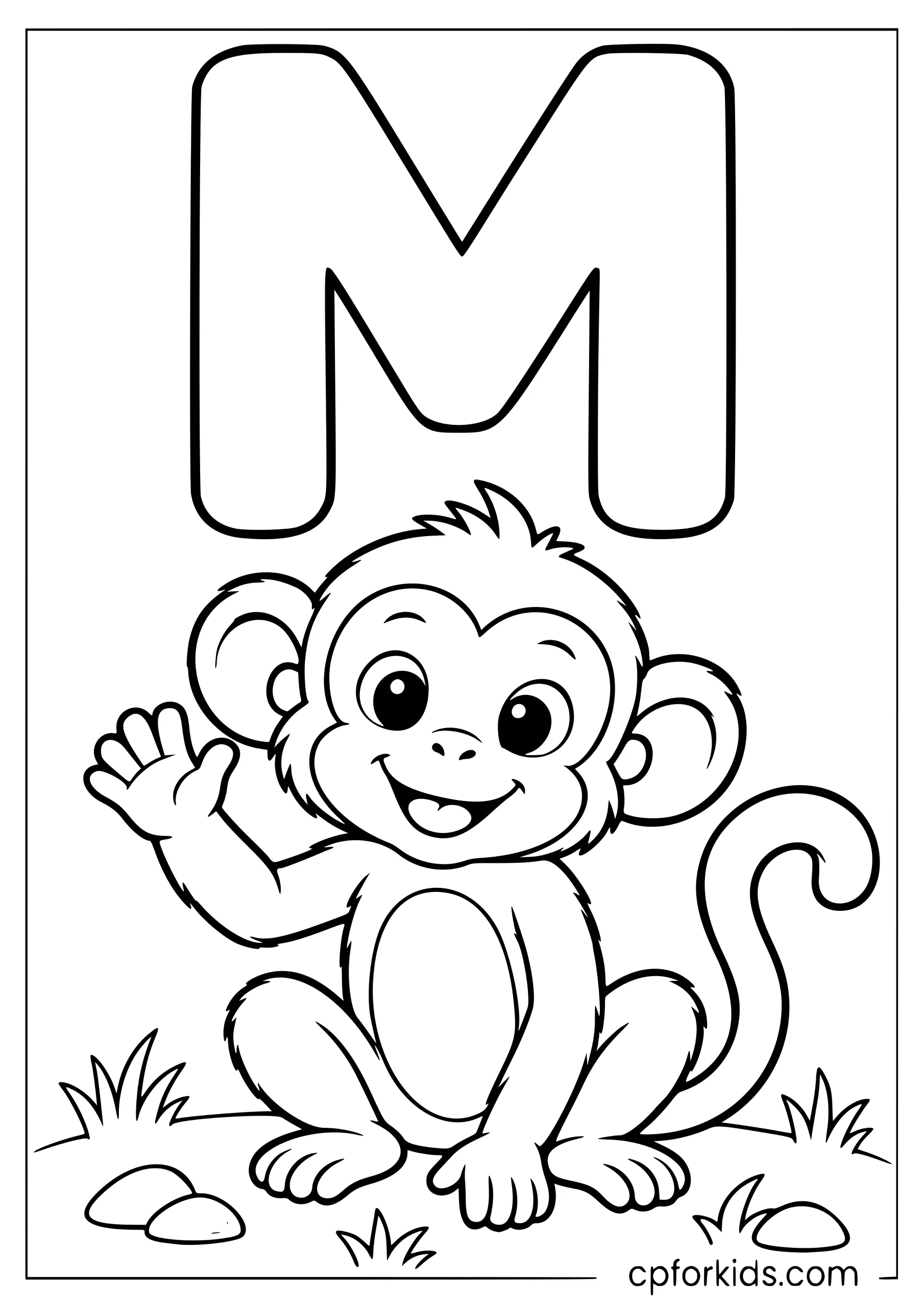 Large capital M above one smiling monkey