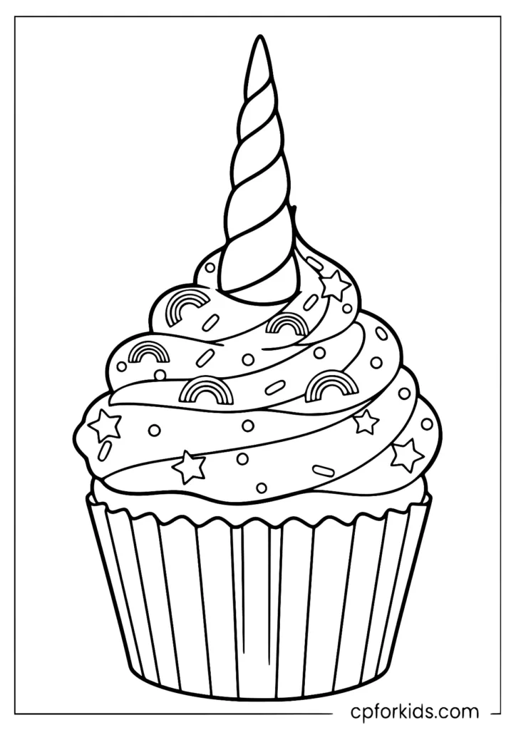 Unicorn cupcake coloring page with spiral horn, rainbow sprinkles, and stars