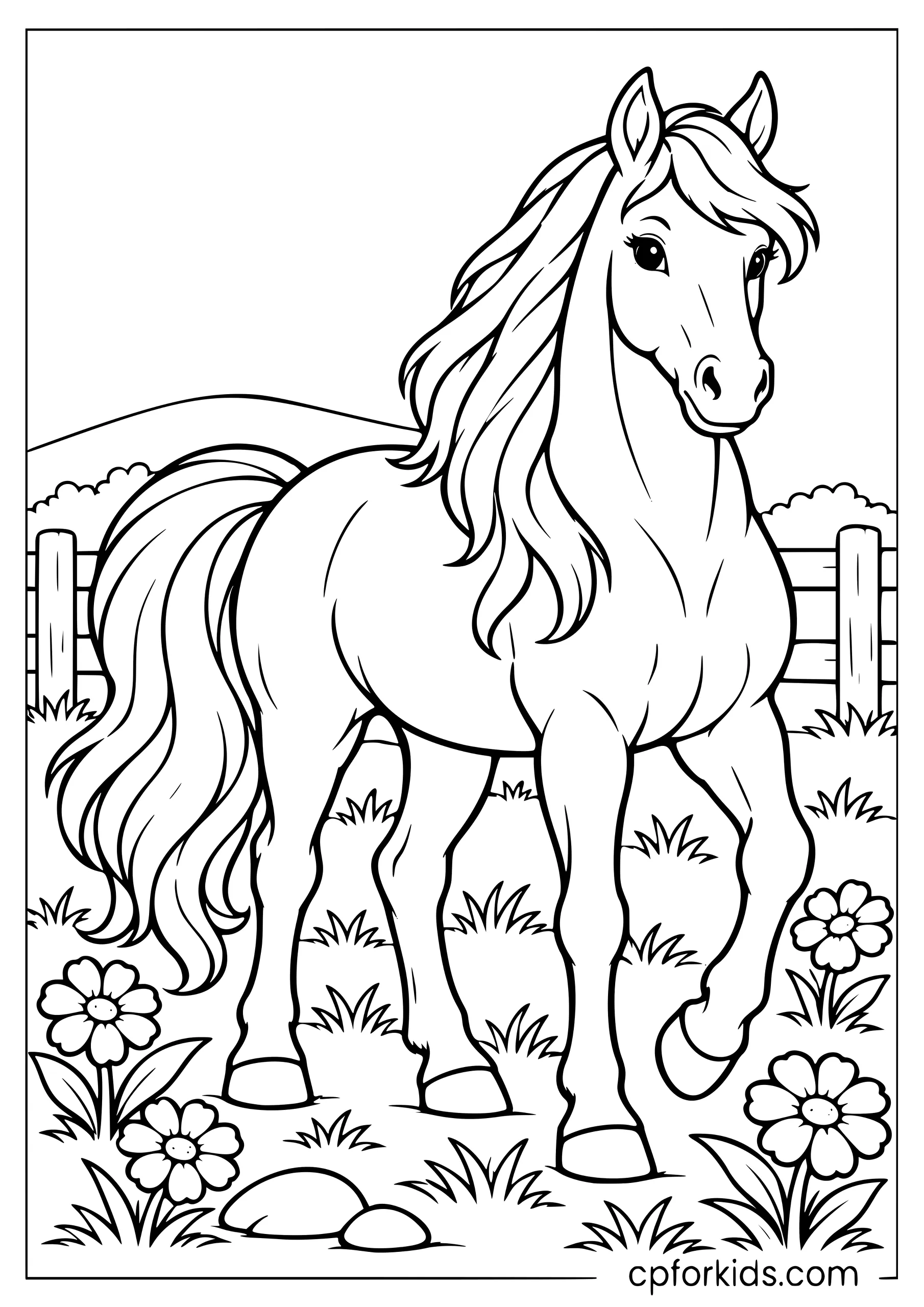 Long-maned horse standing in meadow near wooden fence
