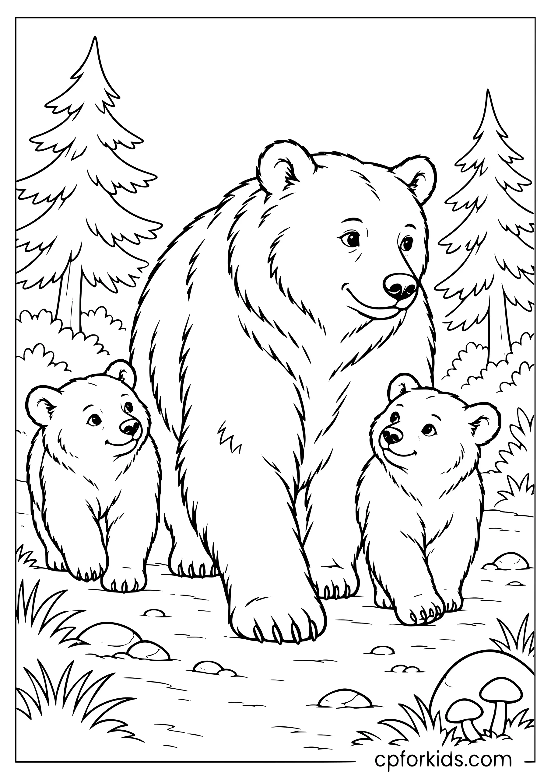 Mama bear walking through the forest with two cubs
