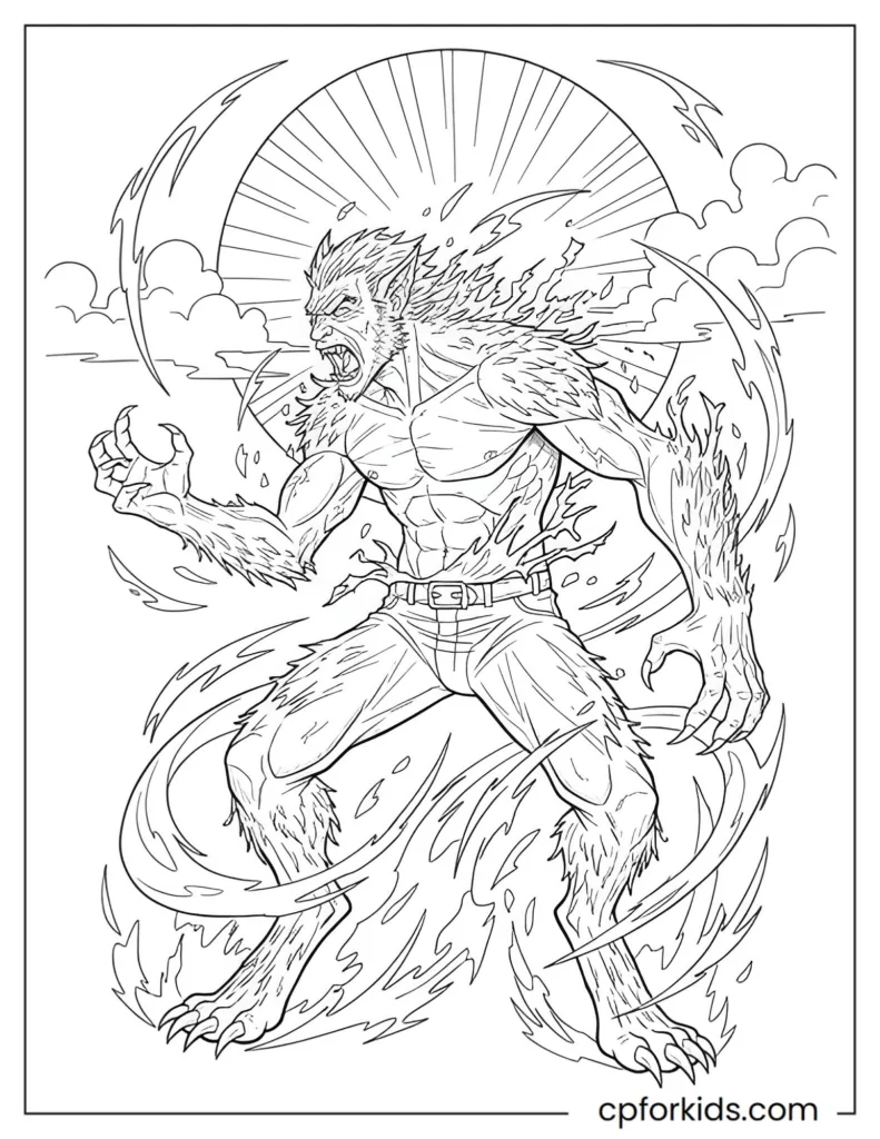 Dramatic man to werewolf transformation process drawing, detailed monster coloring page.