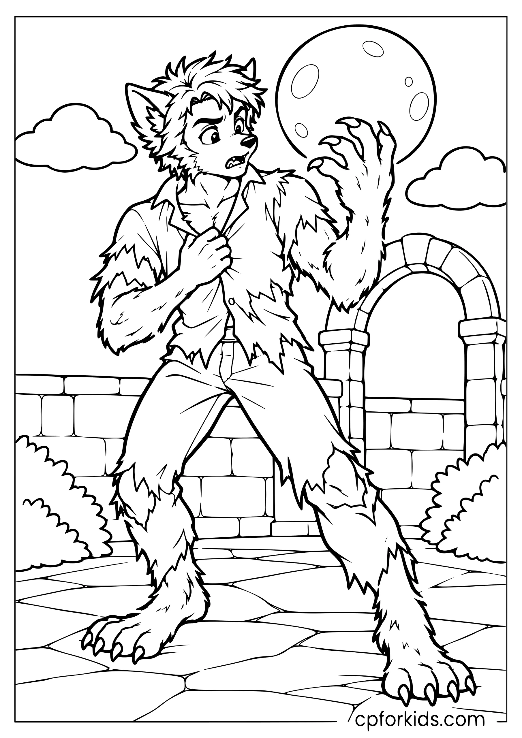 Partly transformed werewolf examining a clawed hand beneath moon