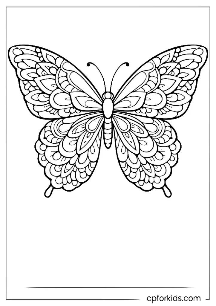 Mandala butterfly coloring page with symmetrical patterns