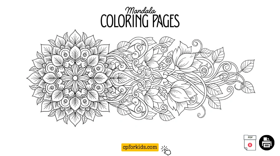 Mandala coloring pages banner featuring detailed floral mandala design with printable line art for kids and adults