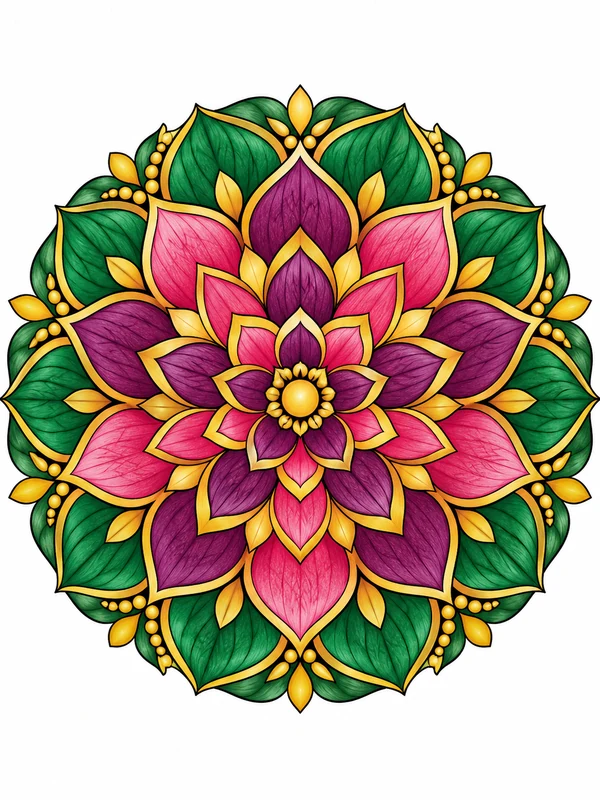 Colorful floral mandala with layered petals and leaf shapes