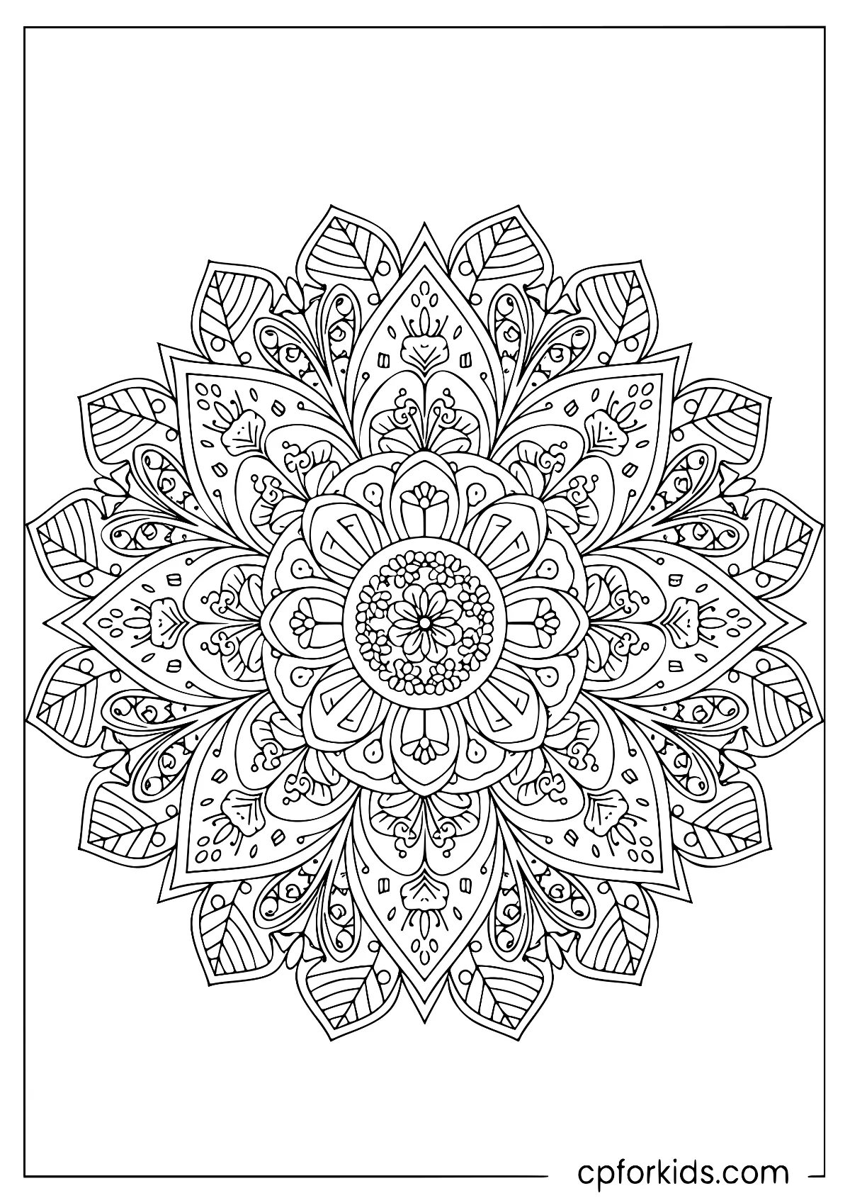 Flower mandala filled with leaves and doodle patterns