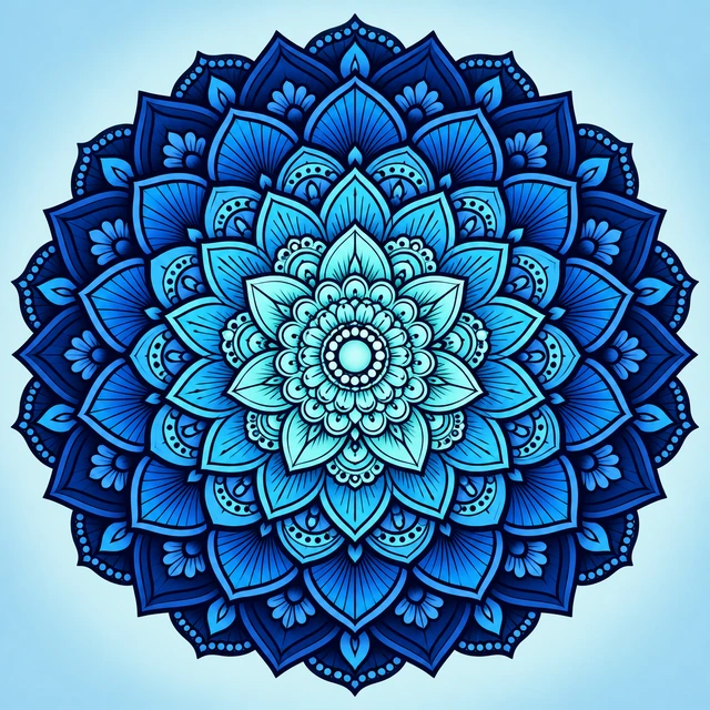 Blue and turquoise mandala with layered ornamental petals