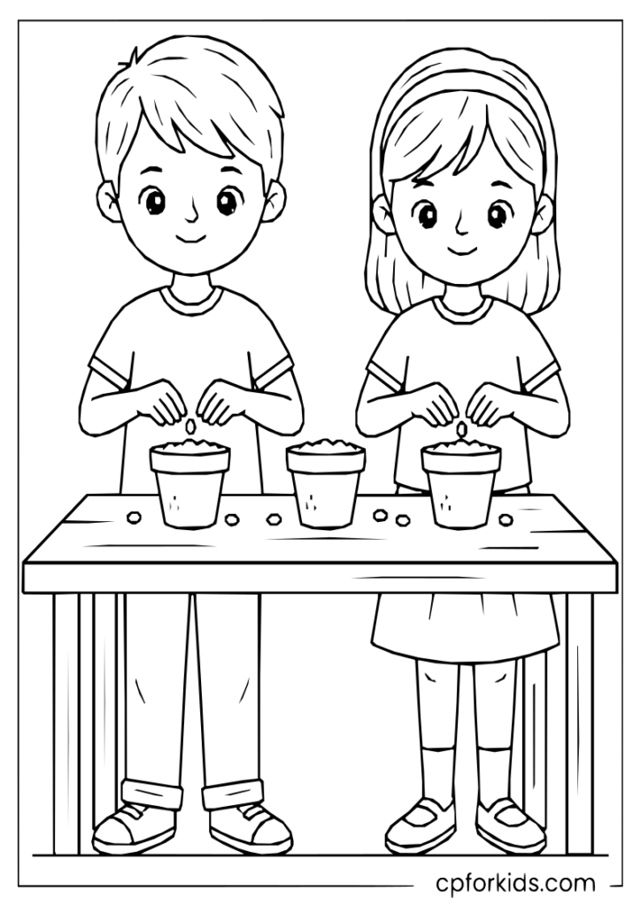 Happy Kids Planting Flower Seeds in Small Pots March Coloring Page