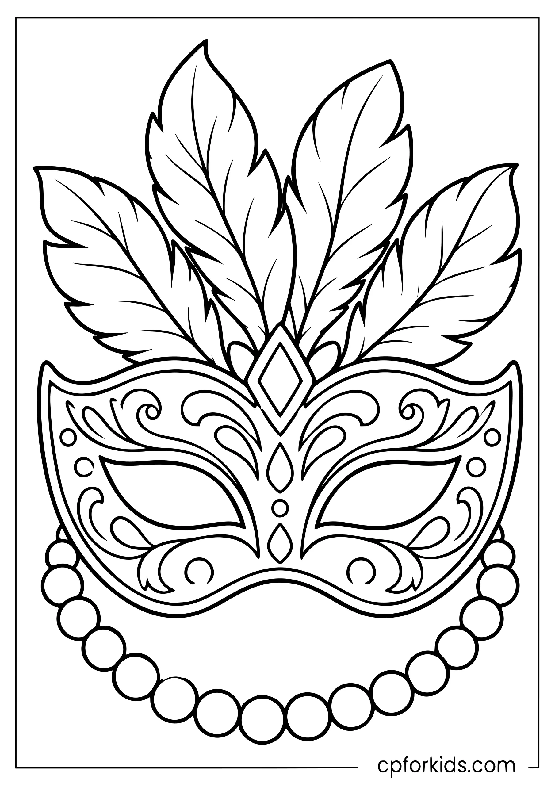 Decorative Mardi Gras mask with feathers and beads