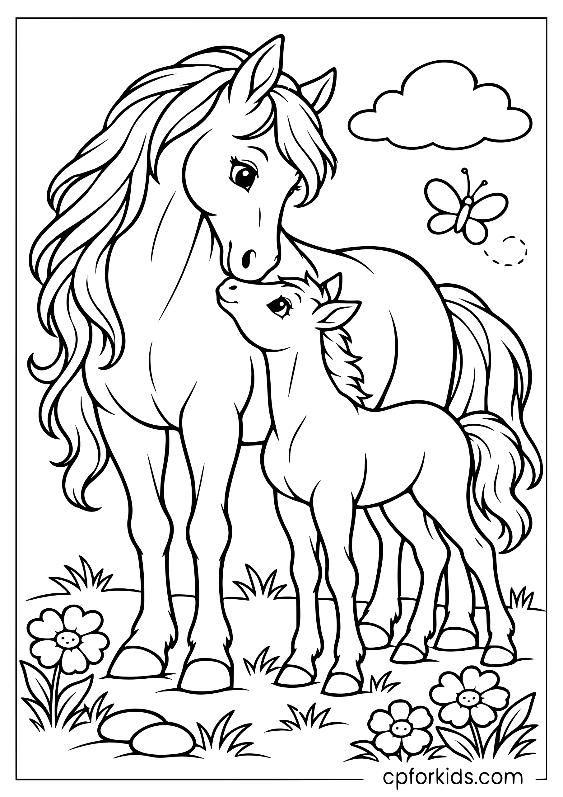 Mare lowering her head toward a standing foal