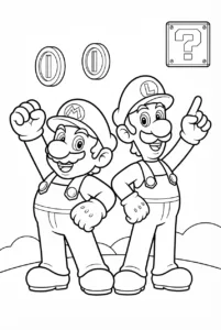 Mario and Luigi standing together with coins