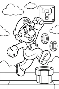 Mario jumping beside coins and a question block