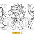 Super Mario coloring pages featuring Yoshi in a meadow, Mario facing Bowser, and Princess Peach waving gracefully