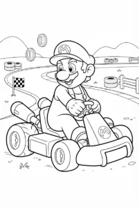 Mario driving a kart on a curved race track