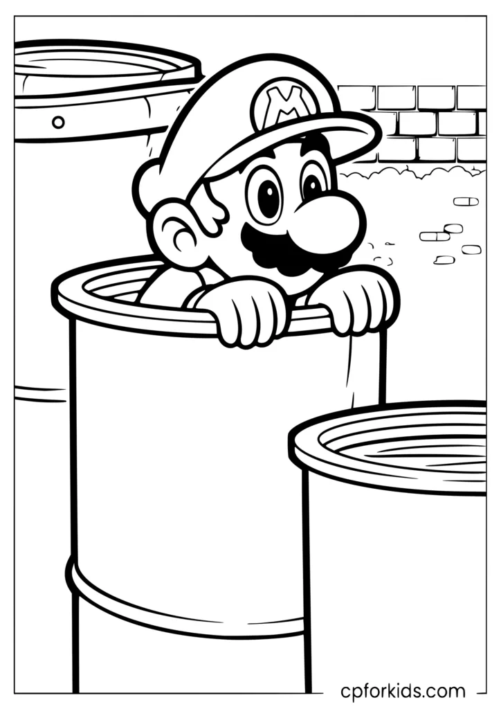 Mario emerging from a large green pipe with his arms on the edges and a surprised expression