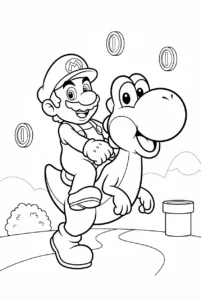 Mario riding Yoshi through a cheerful game scene