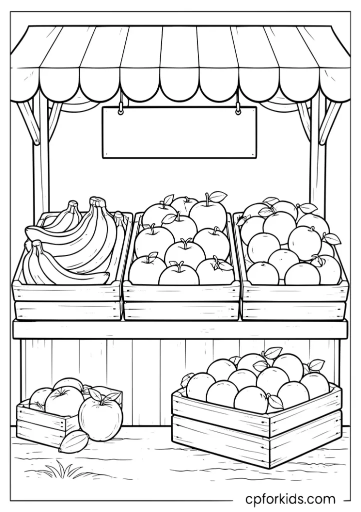 Market fruit stand with bananas, apples, and oranges coloring page