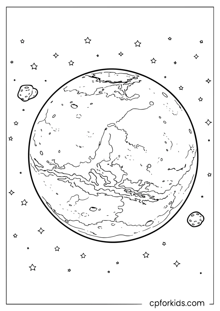 Mars coloring page with large Mars showing surface channels polar cap and volcanoes