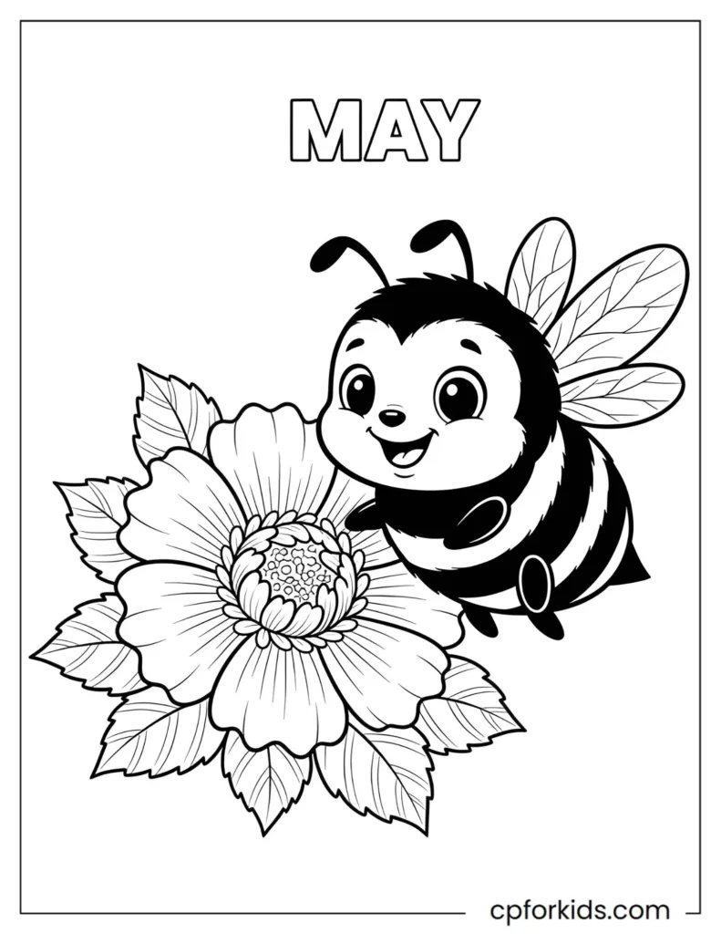 May coloring pages for kids with blooming flowers and a friendly bumblebee.
