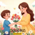 May coloring pages feature image showing a young child giving a bouquet of flowers to his mother in a colorful spring garden.