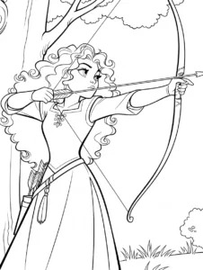 Merida aiming her bow in a forest clearing