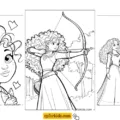 Merida coloring pages with baby Merida, archery scene, and Merida beside Angus the horse