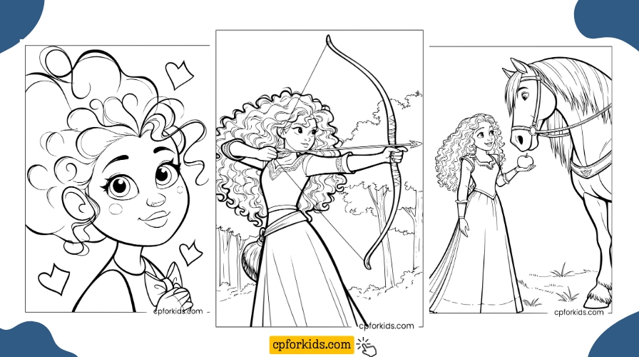Merida coloring pages with baby Merida, archery scene, and Merida beside Angus the horse