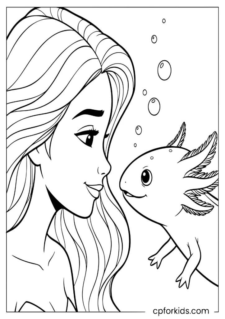 Mermaid and axolotl face to face underwater coloring page