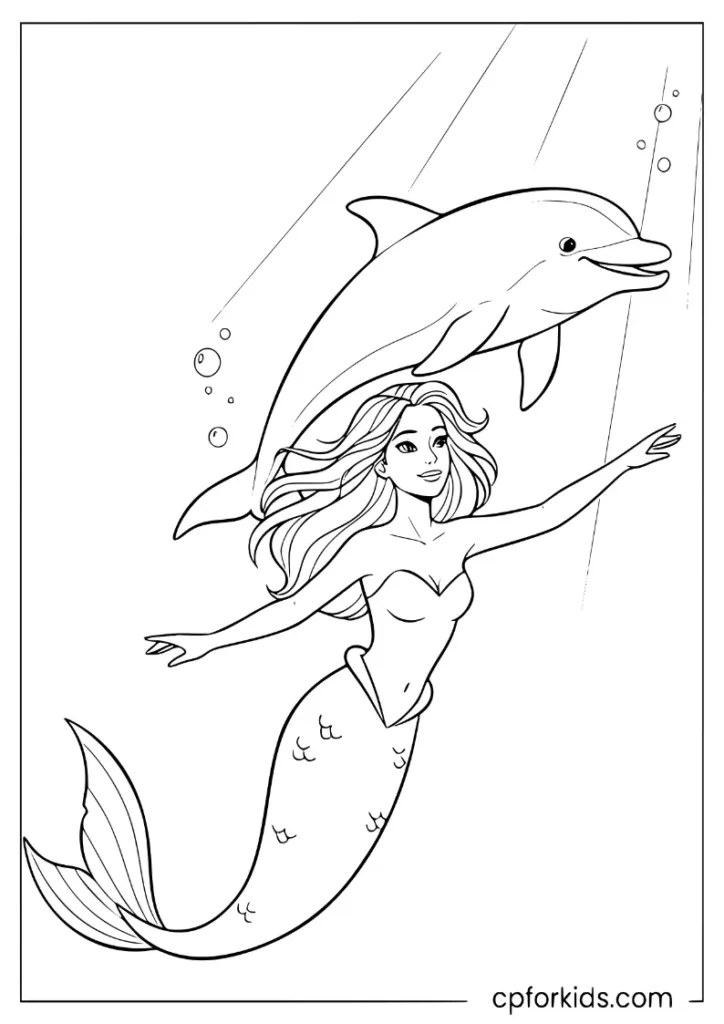 Mermaid and dolphin swimming upward through sunlight coloring page