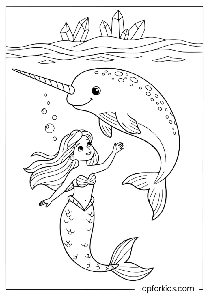 Mermaid and narwhal swimming in arctic waters coloring page