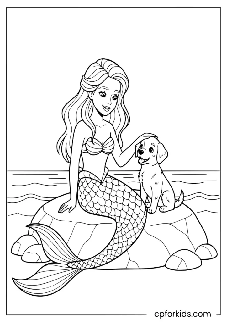 Little Mermaid and puppy seaside companion coloring page