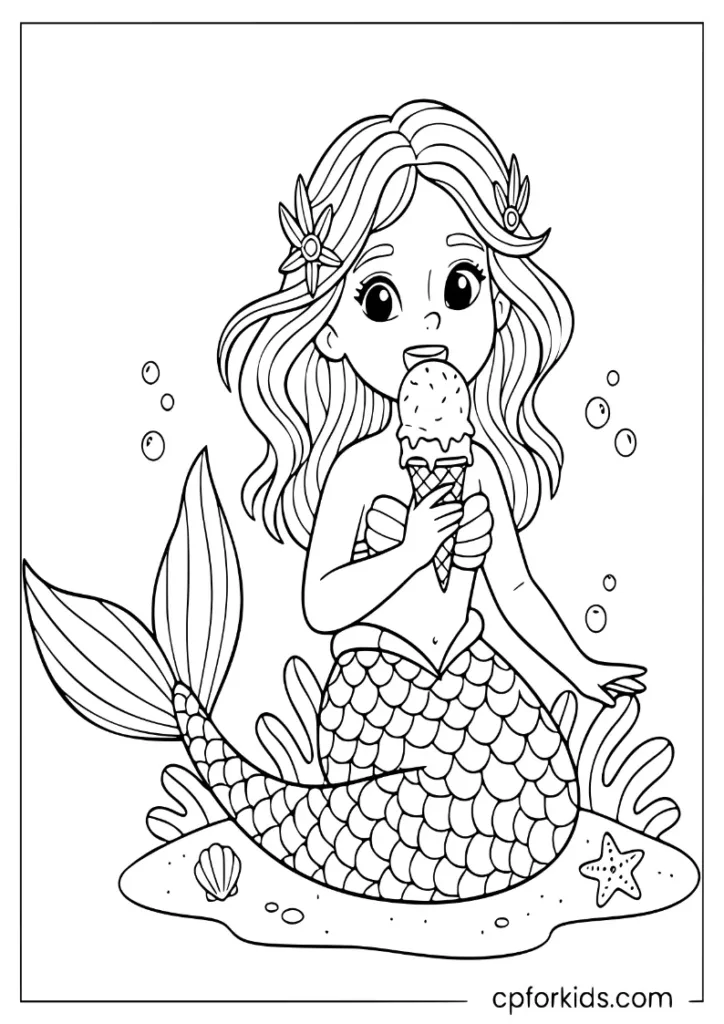 Mermaid coloring page eating ice cream at the beach