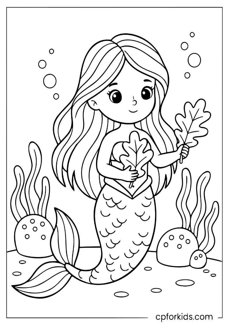 A mermaid collecting leaf-shaped seaweed under the sea